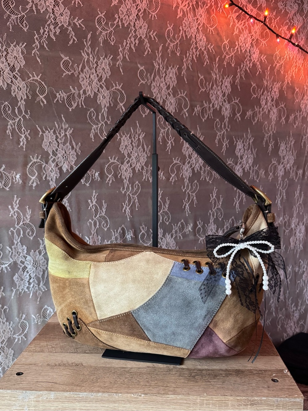 Vintage Coach Patchwork Suede Hobo Bag - Multi Brown Tan Yellow Gray Blue
